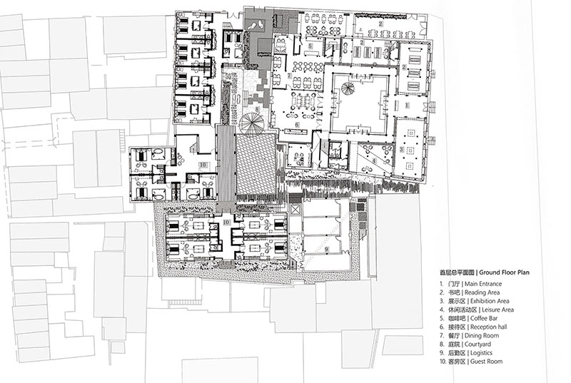戶型平面圖，整個民宿包含書吧、休閑活動區、咖啡吧、餐廳多種展示區